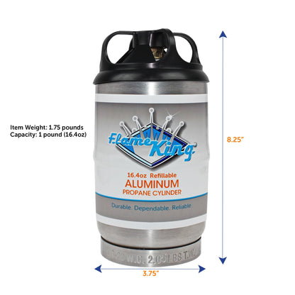 FLAME KING FK-1LB-ALM Flame King 1LB Empty Aluminum Propane Cylinder Tank - Corrosion-Resistant and Rust-Free, Great for Camping and Small Appliances