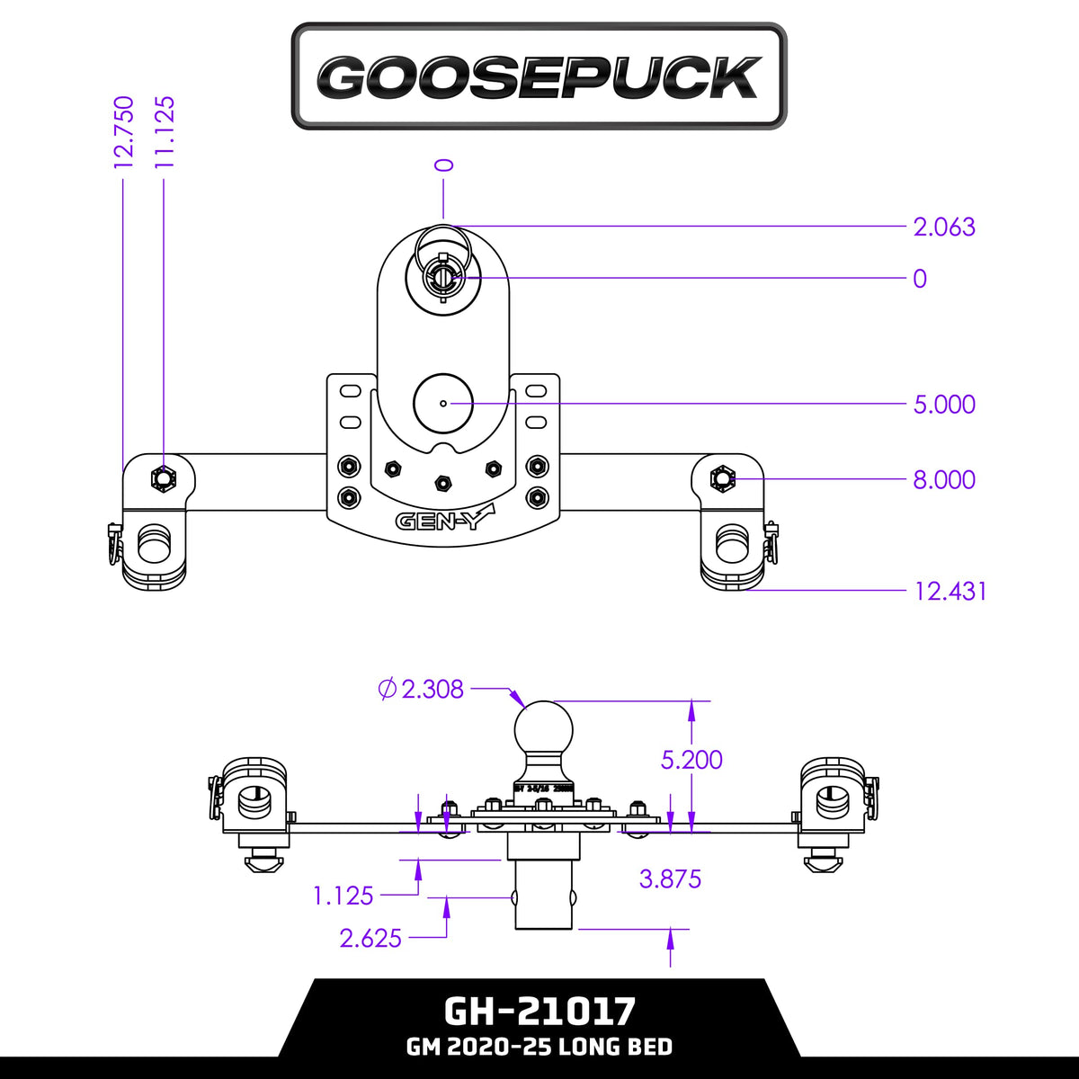 GEN-Y HITCH GH-21017 GEN-Y Hitch GoosePuck GEN II Main Assembly - 5" Offset - 25K Overall Towing - with Safety Chain Anchors Incorporated - Compatible with GM 2020 to Current Short and Long Bed Trucks