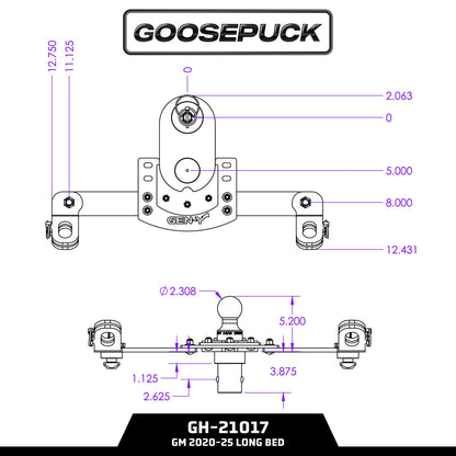 GEN-Y HITCH GH-21017 GEN-Y Hitch GoosePuck GEN II Main Assembly - 5" Offset - 25K Overall Towing - with Safety Chain Anchors Incorporated - Compatible with GM 2020 to Current Short and Long Bed Trucks