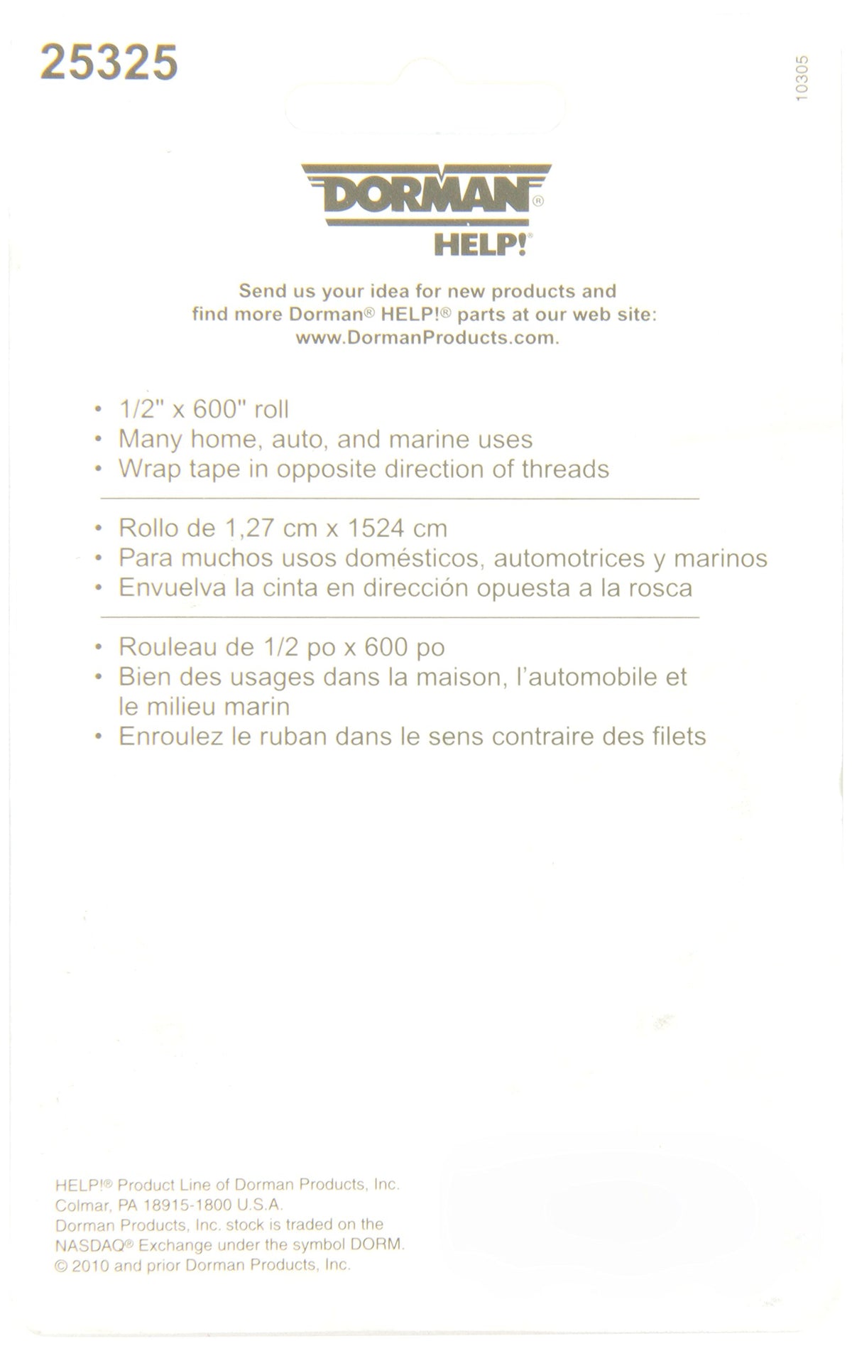 DORMAN 25325 Dorman 1/2x600 In. Thread Sealing Tape