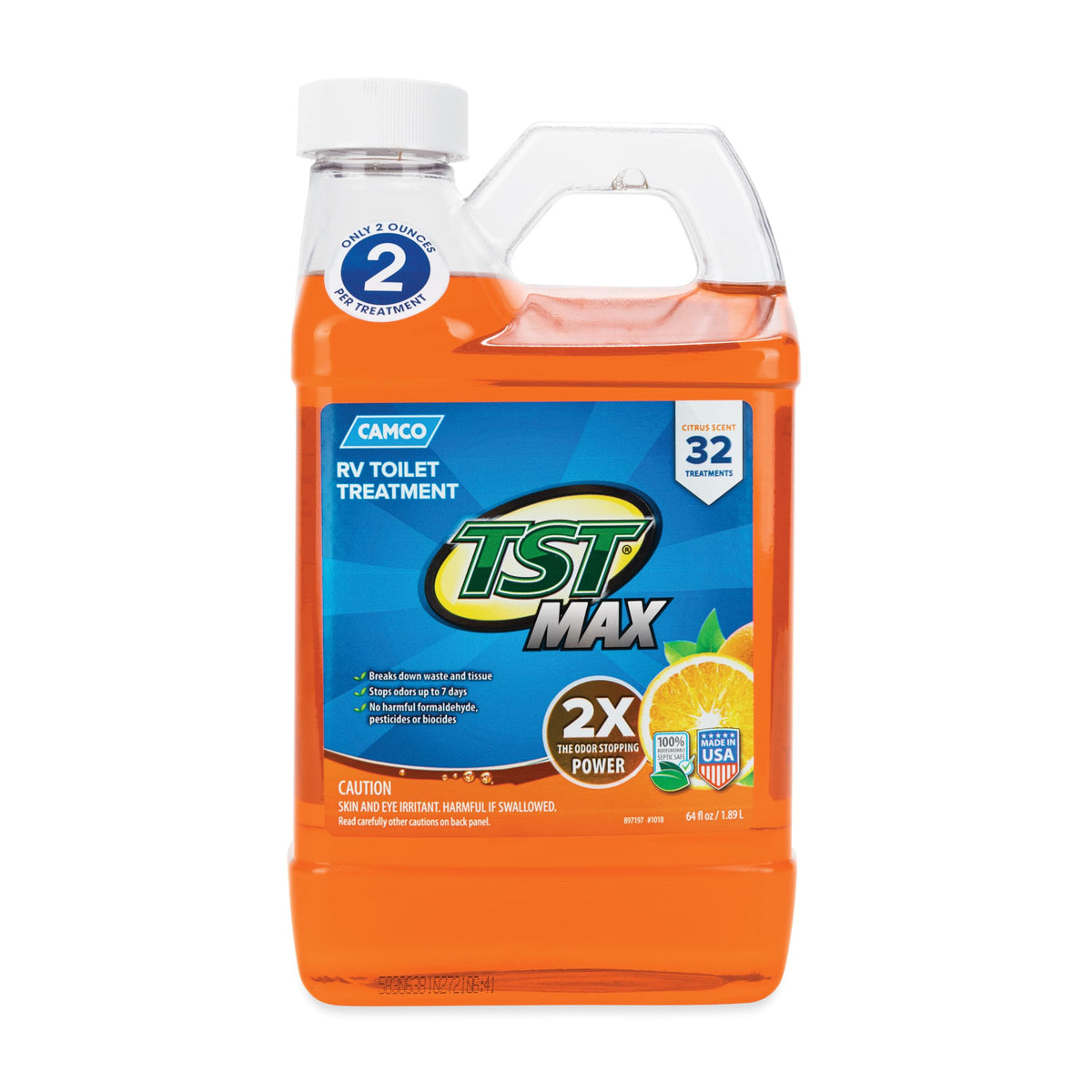CAMCO 41195 Camco TST MAX Camper/RV Toilet Treatment - Features Septic Safe Formula & Stops Odors Up to 7 Days – Orange Scent, 64 oz (41195)