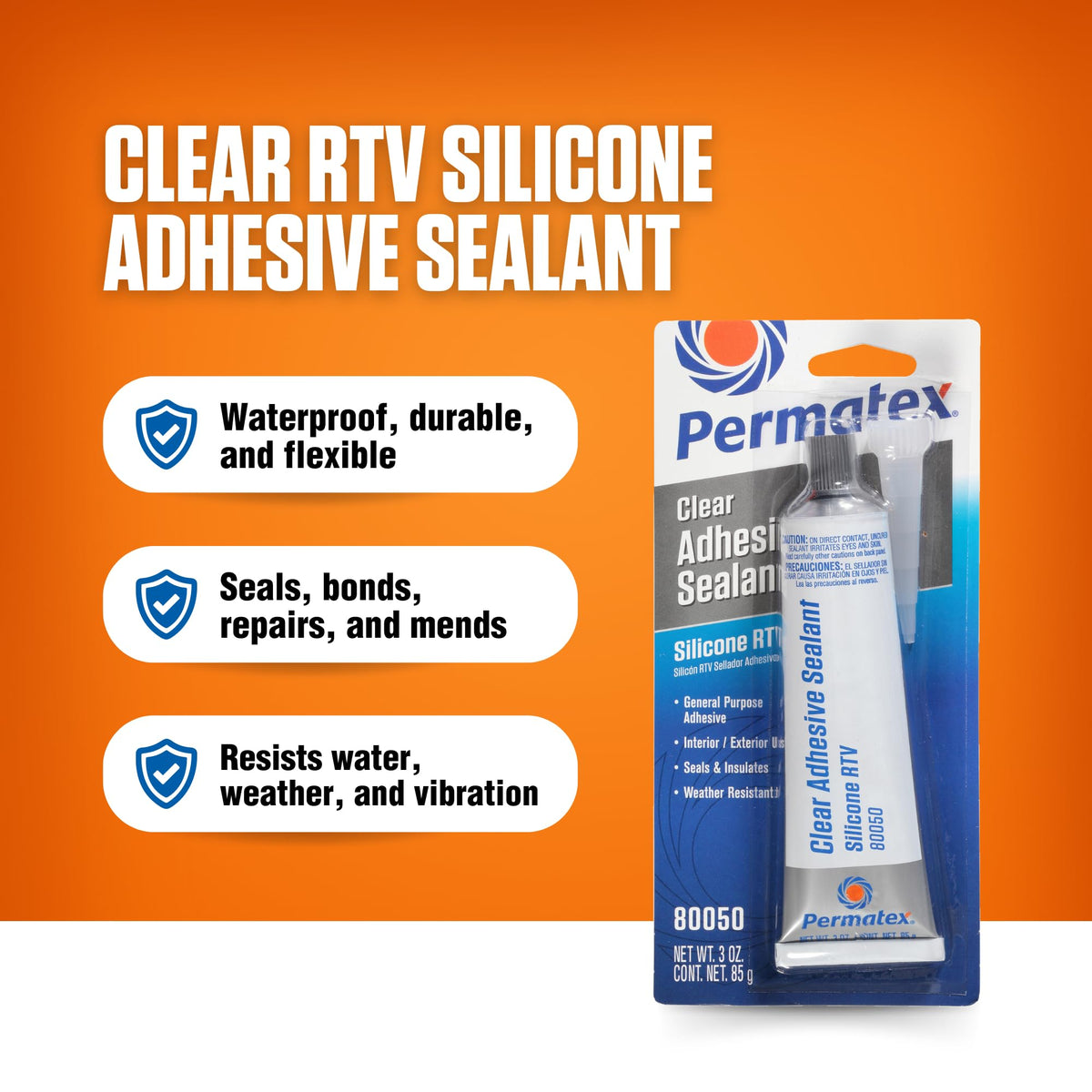 PERMATEX 80050 Permatex 80050 Clear RTV Silicone Adhesive Sealant, 3 oz