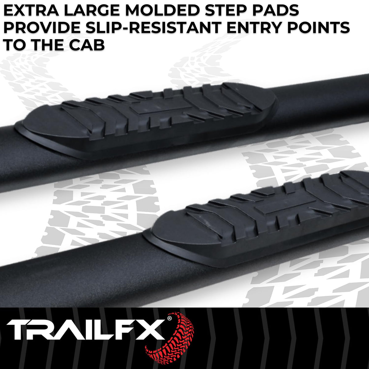 TRAILFX A1559T TrailFX Nerf Bar Fits 2024-2025 Toyota Tacoma Double Cab 4 Inch Oval Straight with Step Pads Rocker Panel Mount Powder Coated Titanium Matte Black Steel with Welded End Caps TrailFX T83A1559T