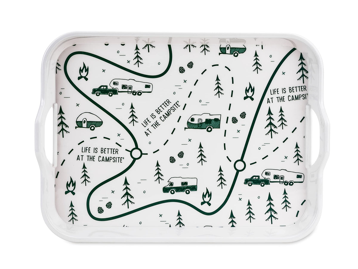 CAMCO 53488 Camco Life is Better at The Campsite Melamine RV Serving Tray - Features RV & Map Themed Design - Great for Kitchen Prep, Picnics, Grilling, and More - Serving Platter is Dishwasher Safe (53488)