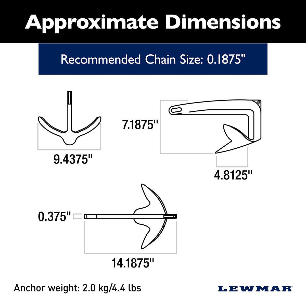 LEWMAR 0057902 Lewmar Galvanized Steel Claw Anchor 4.4 lbs. for Boats 17'-23', Bruce-Style Claw for Quick Setting, Bow Roller Compatible, Measures 14-3/16” L x 9-7/16” W x 5-1/4” H - 2020202242
