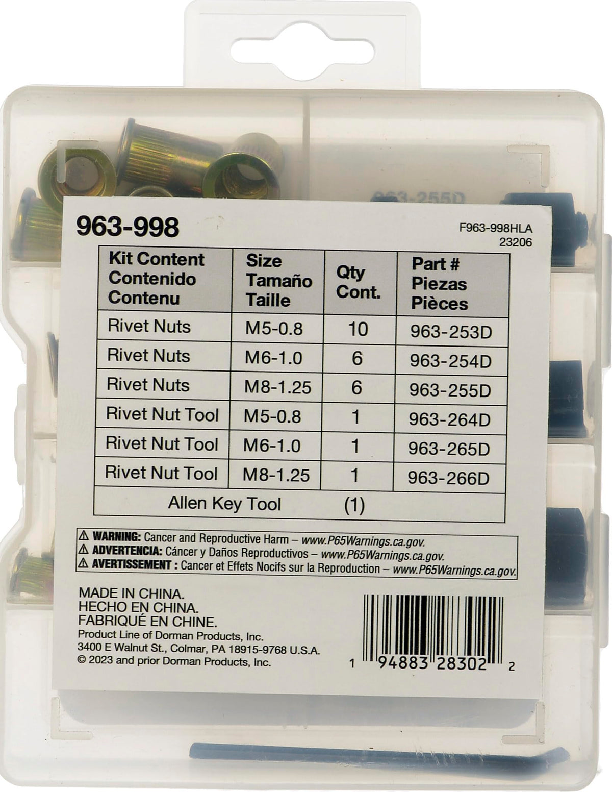 DORMAN 963-998 Dorman 963-998 Rivet Nuts and Hand Tool Kit - Metric M5, M6, M8 (Tray Contains 26 Pieces)