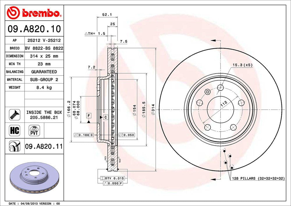 BREMBO 09A82011C02 Brembo 09.A820.11 UV Coated Pillar Vented Front Brake Rotor AUDI/AUDI (FAW) OE# 8K0615301