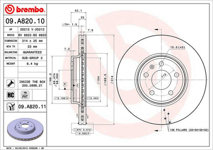 BREMBO 09A82011C02 Brembo 09.A820.11 UV Coated Pillar Vented Front Brake Rotor AUDI/AUDI (FAW) OE# 8K0615301