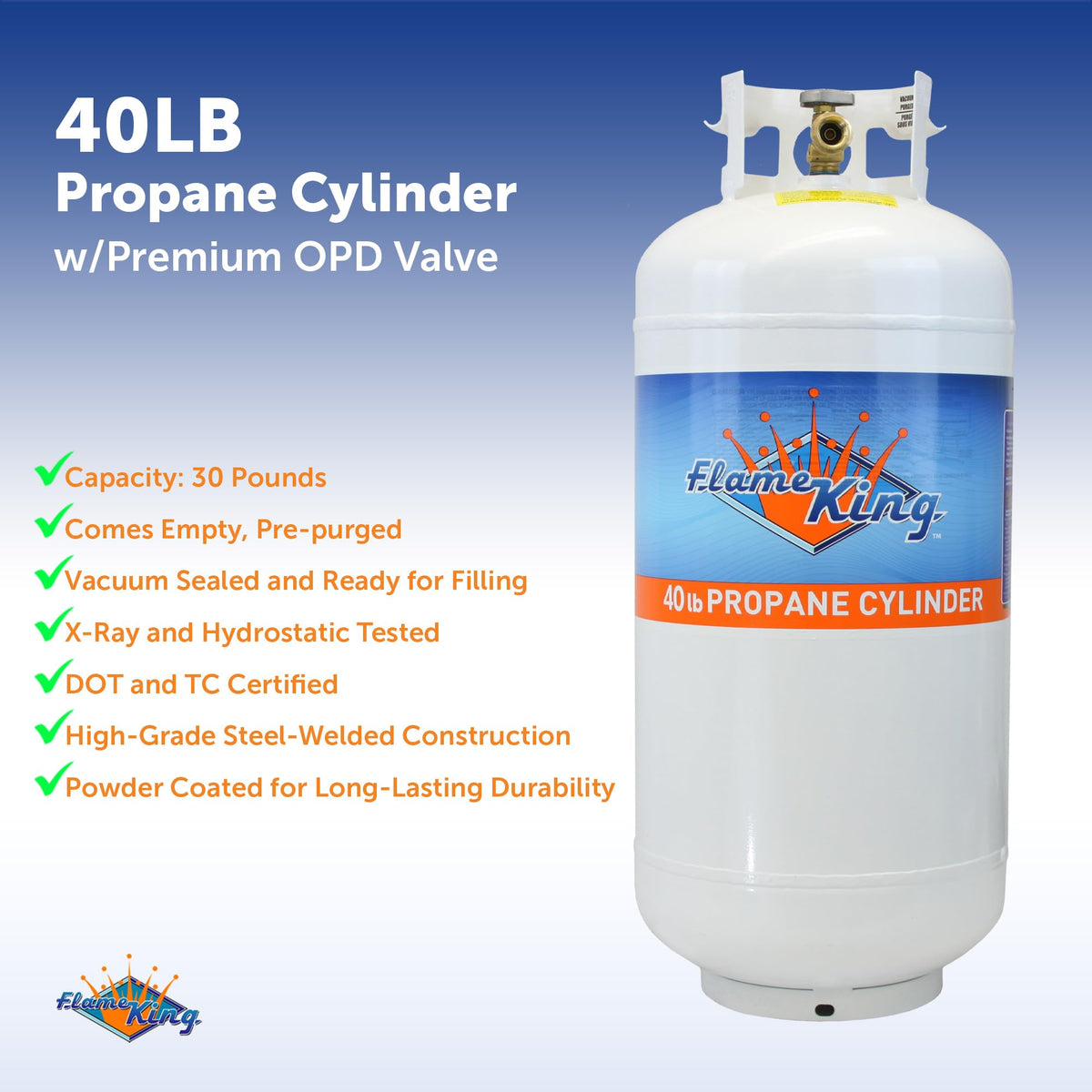 FLAME KING YSN401 Flame King YSN401 Steel Propane Tank Cylinder With Overflow Protection Device Valve, 40 Lb, White