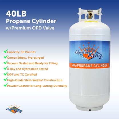 FLAME KING YSN401 Flame King YSN401 Steel Propane Tank Cylinder With Overflow Protection Device Valve, 40 Lb, White