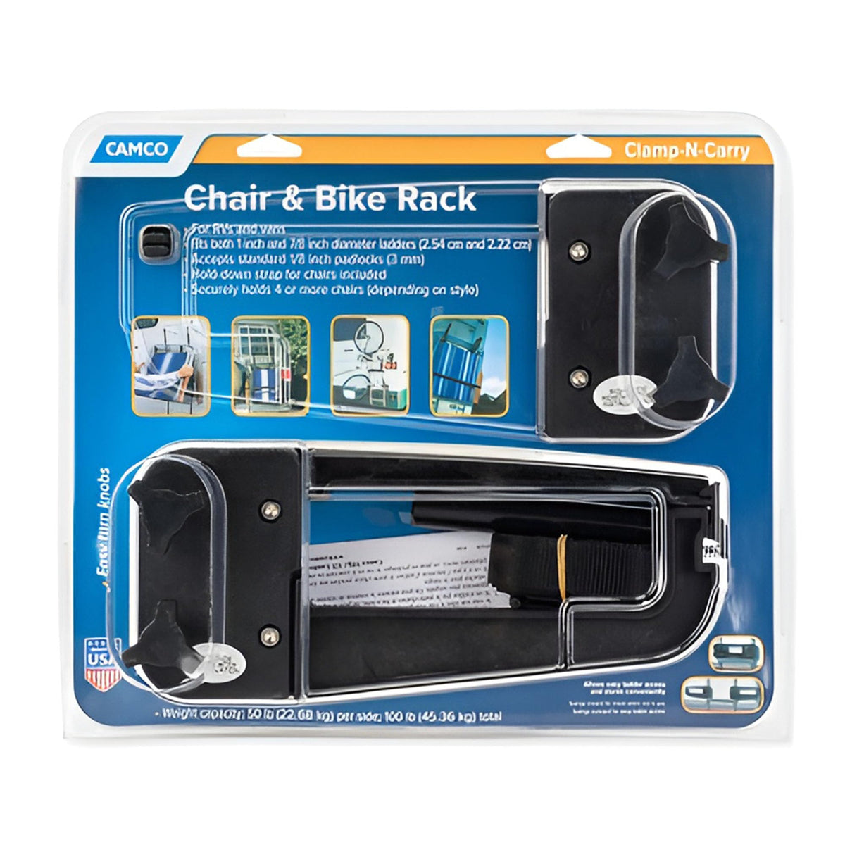 CAMCO 51430 Camco Clamp-N-Carry Lockable Chair and Bike Rack | Designed to Hold a Bike or 4 or More Chairs on RV Ladder | (51430)