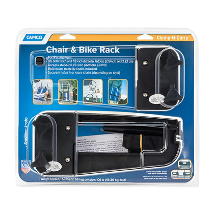 CAMCO 51430 Camco Clamp-N-Carry Lockable Chair and Bike Rack | Designed to Hold a Bike or 4 or More Chairs on RV Ladder | (51430)
