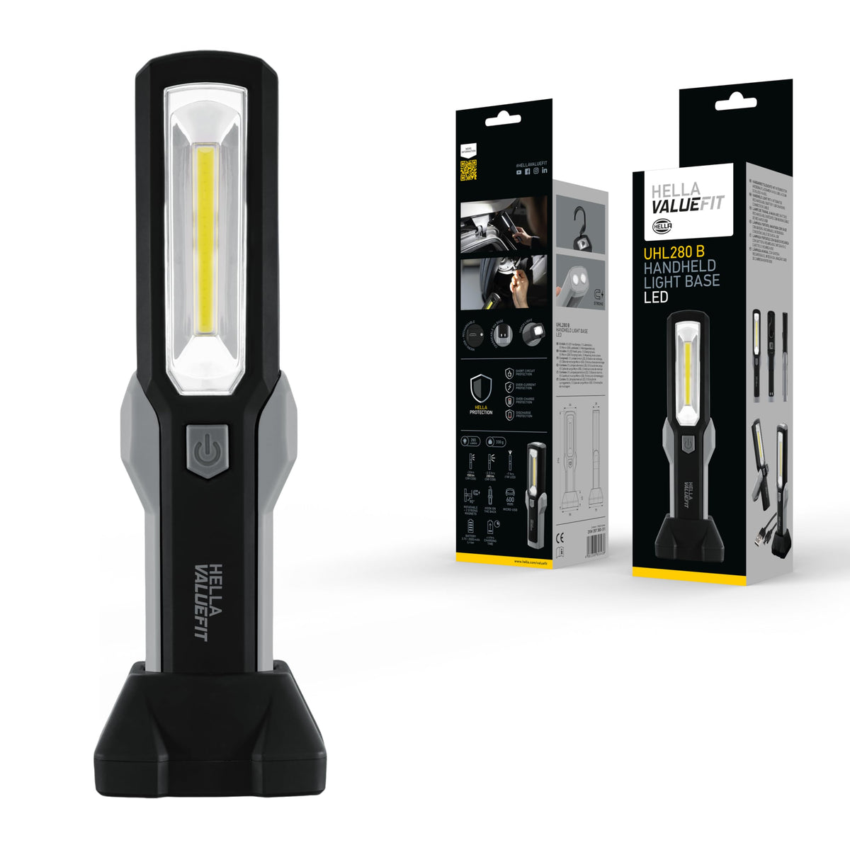 HELLA 357300311 Hella VALUEFIT UHL280 Base Rechargeable Flashlight, 280 Lumen LED, 2000 mAh Battery, Dual Light Modes, Magnetic Base & Hook (Includes Dock)