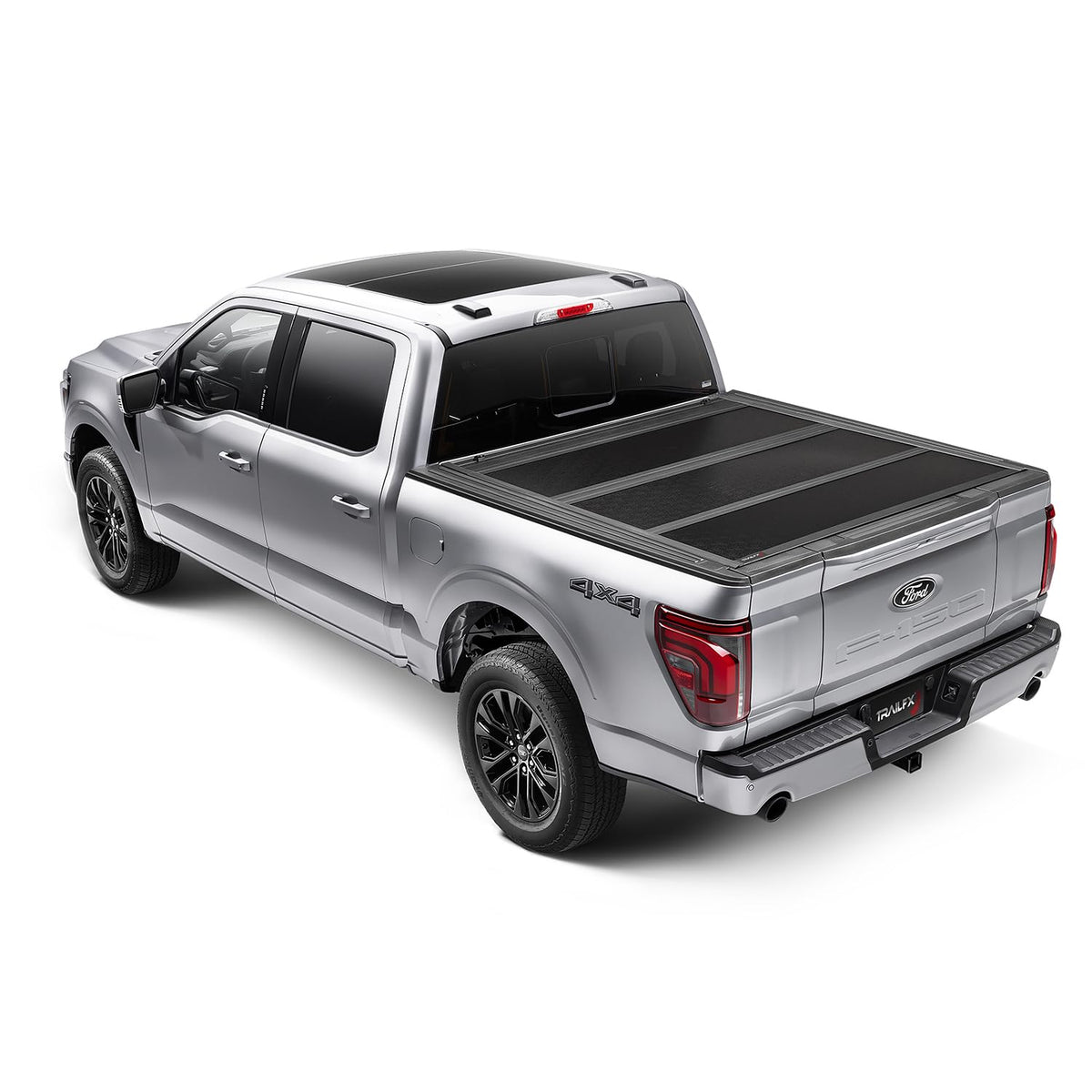 TRAILFX TFX8001 TrailFX Hard Tri-Fold Tonneau Cover Fits 2021-2025 Ford F-150 6.5 Foot Bed Hard Folding Cover 3 Folds 3 Panels Lockable Tailgate Handle Gloss Black Textured Aluminum Clamp-On Installation