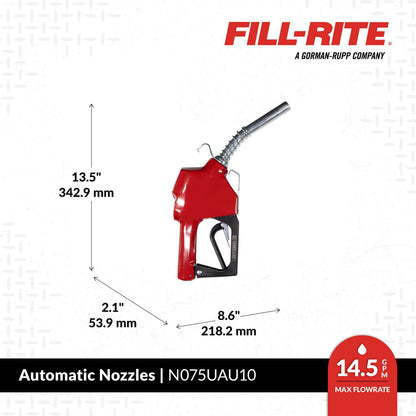 FILL RITE N075UAU10 Fill-Rite N075UAU103/4"" Auto Nozzle w/HookUnleaded GasolineRed 2.5-14.5 GPMEnd of Delivery Hose - 1 Each