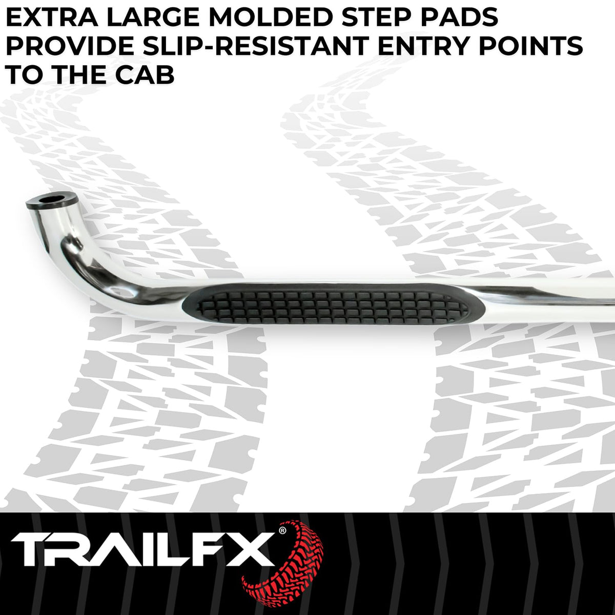 TRAILFX A0069S TrailFX Nerf Bar A0069S, 3 In Round Bent, Polished, Stainless Steel, With Step Pads, W/O End Caps, Rocker Panel Mount, Fits 2025 Toyota 4Runner (Will Not Fit Models With Lower Rocker Panel Extensions)