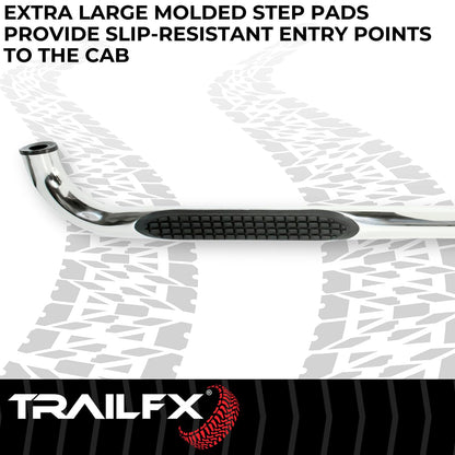 TRAILFX A0068S TrailFX A0068S 3 Inch Round Bent Nerf Bar Pair with Step Pads Fits 2024-2025 Toyota Tacoma Polished T304 Marine-Grade Stainless Steel Rocker Panel Mount Slip-Resistant Bolt On Install