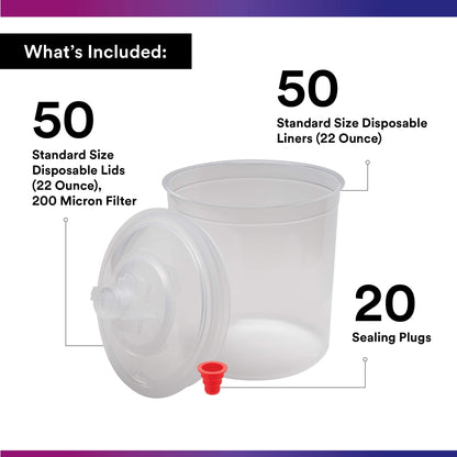 3M 16000 3M PPS (Original Series) Paint Spray Cup Lids and Liners Kit, 16000, Standard, 22 oz, 200-micron Filter, Use w/Paint Gun for Cars, Furniture, Home, 50 Disposable Lids and Liners, 20 Sealing Plugs,
