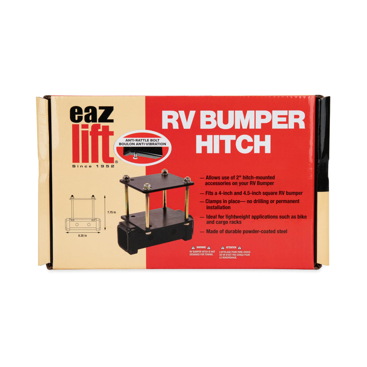 CAMCO 48473 Camco Eaz-Lift Camper/RV Bumper Hitch - Ideal for Bikes, Cargo Racks & More - Clamps onto 4” Square RV Bumpers - No Drilling Required for Install - Crafted of Heavy Duty Powder-Coated Steel (48473)