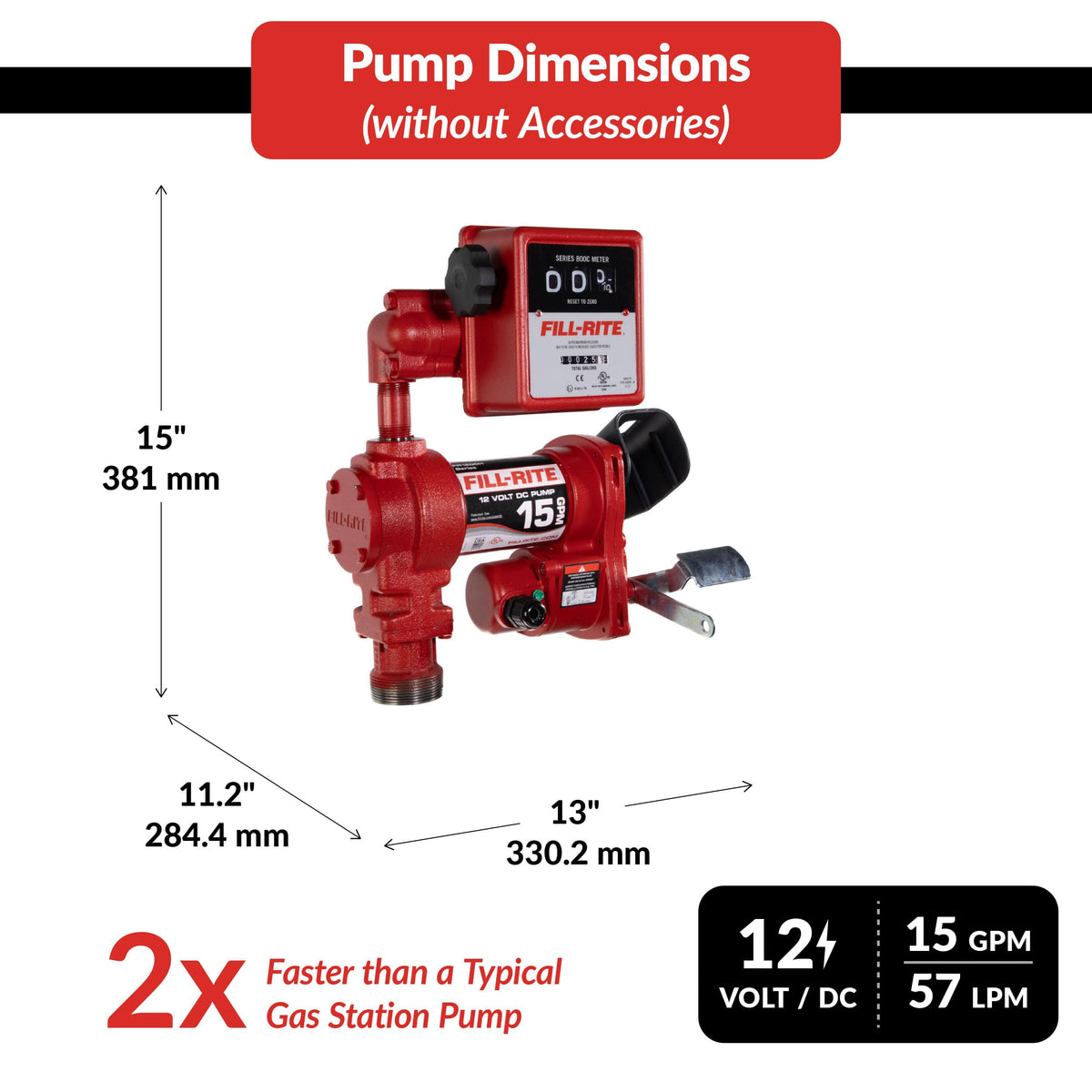 FILL RITE FR1211H Fill-Rite FR1211H 12V 15 GPM Fuel Transfer Pump with Standard Mechanical Meter Package, Gallons | Gasoline, Diesel, Kerosene, Ethanol & Methanol Blends & Biodiesel