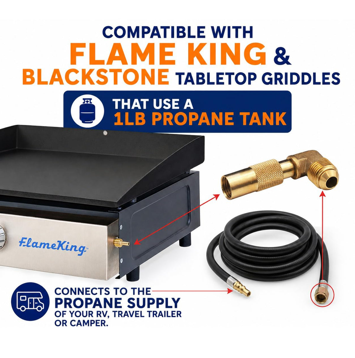 FLAME KING FK-GRD-12FTQC Flame King Propane 12ft RV Quick Connect Hose Adapter for 17" or 22" BlackStone or Flame King Griddle