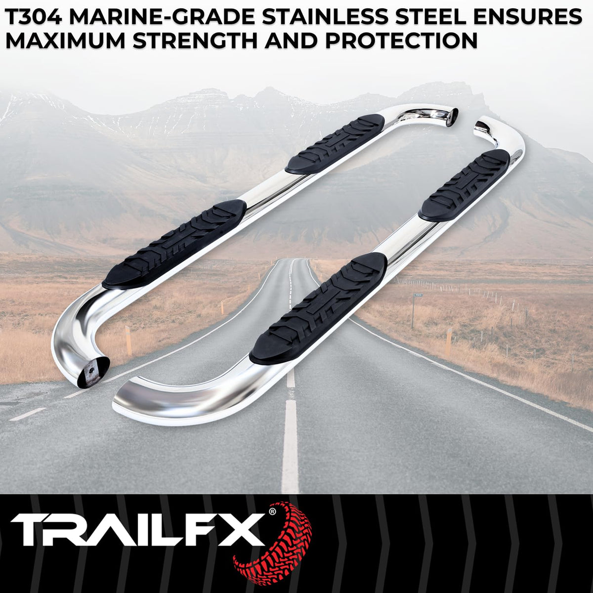 TRAILFX A1005S TrailFX Nerf Bars Fits Ford F-150 SuperCrew 2015-2025 Polished Marine-Grade Stainless Steel 4 Inch Oval Bent Side Steps with Slip-Resistant Molded Step Pads Rocker Panel Mount Set of 2 Running Boards