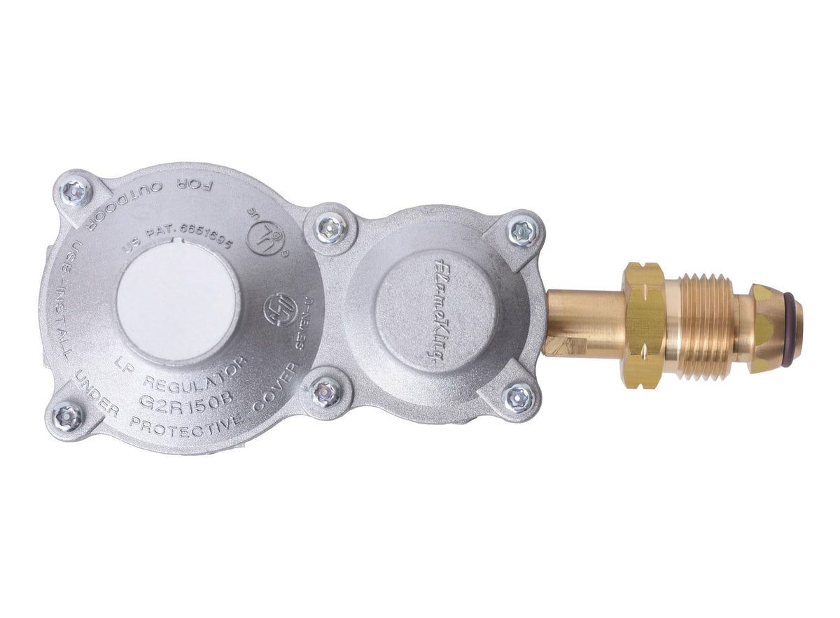 FLAME KING G2R150B-POL Flame King 150,000 BTU Horizontal Mounted 2-Stage Propane LP Regulator with POL for RVs, Vans, Trailers, Campers, 100LB Tanks, ASME Tanks, Generators