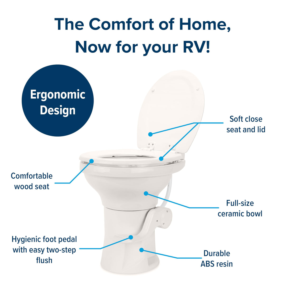 CAMCO 41715 Camco Premium Ceramic Camper/RV Toilet - Features Gravity Flush System w/Convenient Foot Pedal - Full-Sized Ergonomic Design w/18 Chair Height - Soft-Close Wood Seat & Lid - Bone (41715)