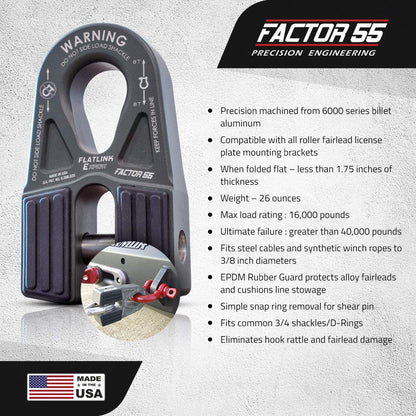 FACTOR 55 00080-06 Factor 55 00080-06 Flatlink E (Expert) Replaces Conventional Winch Hook with a Stronger Shackle/D-Ring Mount Maximum Load 16,000 lb Ultimate Failure Greater Than 40,000 lb – Gray