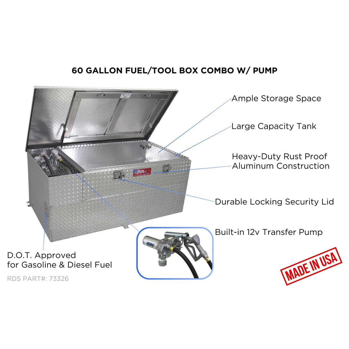 RDS MFG INC 73326 RDS Fuel Transfer/Auxiliary Tank/Toolbox Combo with 8 Gpm Pump - 60-Gal. Capacity
