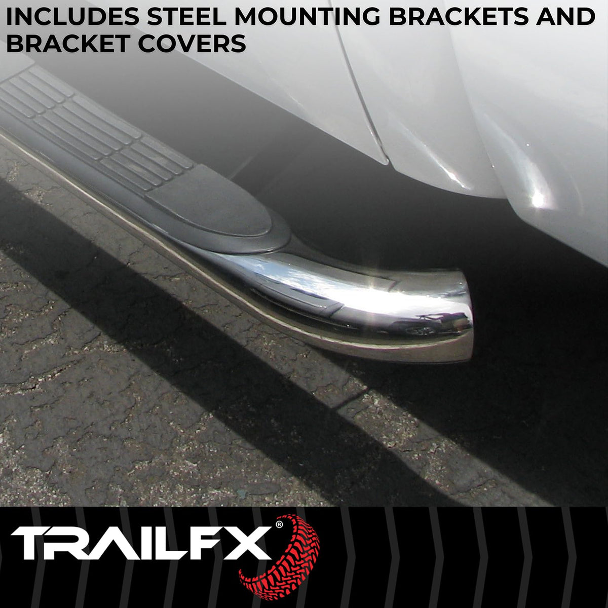 TRAILFX A0069S TrailFX Nerf Bar A0069S, 3 In Round Bent, Polished, Stainless Steel, With Step Pads, W/O End Caps, Rocker Panel Mount, Fits 2025 Toyota 4Runner (Will Not Fit Models With Lower Rocker Panel Extensions)