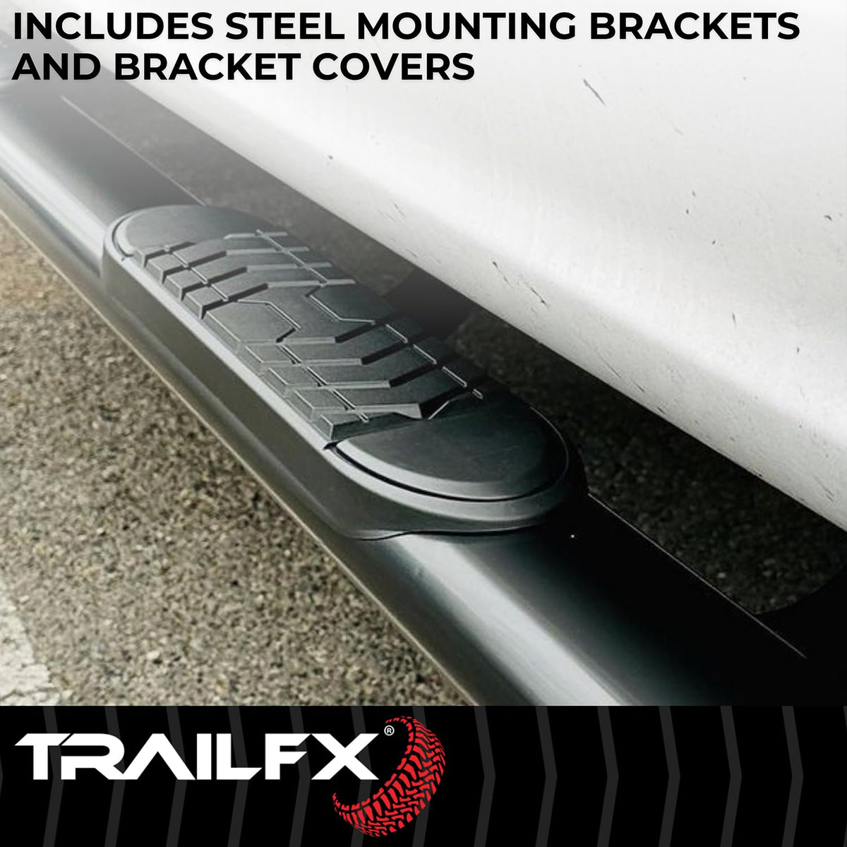 TRAILFX A7099B TrailFX Nerf Bars for Jeep Gladiator JT 2020-2025 Black Powder Coated Steel 5 Inch Oval Straight Side Steps with Step Pads and Bed Step Welded End Caps Rocker Panel Mount