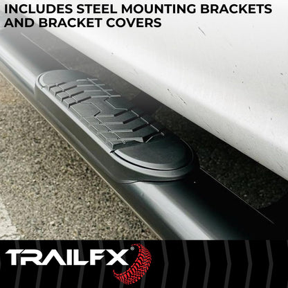 TRAILFX A7099B TrailFX Nerf Bars for Jeep Gladiator JT 2020-2025 Black Powder Coated Steel 5 Inch Oval Straight Side Steps with Step Pads and Bed Step Welded End Caps Rocker Panel Mount