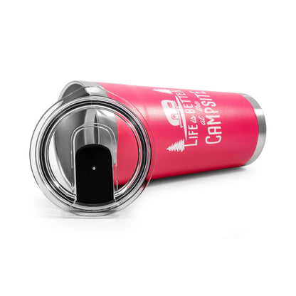 CAMCO 53061 Camco Life is Better at The Campsite Tumbler | Heavy Duty Double Wall Vacuum Insulation | Crafted of 18/8 Stainless Steel | Unique “Life is Better at The Campsite” Design on Coral Pink | 20-oz (53061)