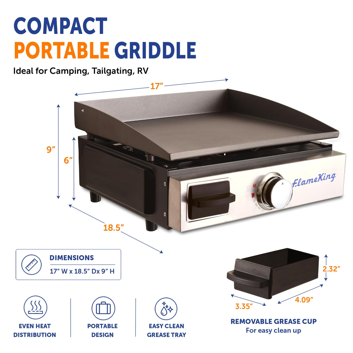 FLAME KING YSNFM-HT-100NB Flame King Flat Top Portable Propane Cast Iron Grill Griddle Tabletop for Outdoor Camping, Tailgating, Outdoor Cooking