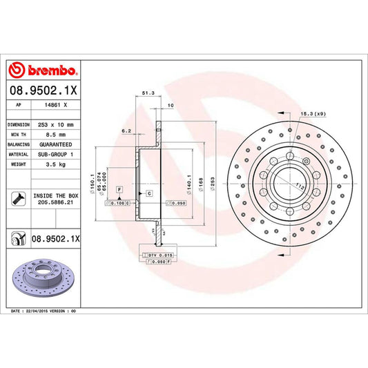 BREMBO 0895021XC02 Brembo 08.9502.1X Xtra UV Coated solid drilled Rear Brake Rotor AUDI/SEAT/SKODA/SKODA (SVW)/VW/VW (FAW)/VW (SVW) OE# 1K0615601AB