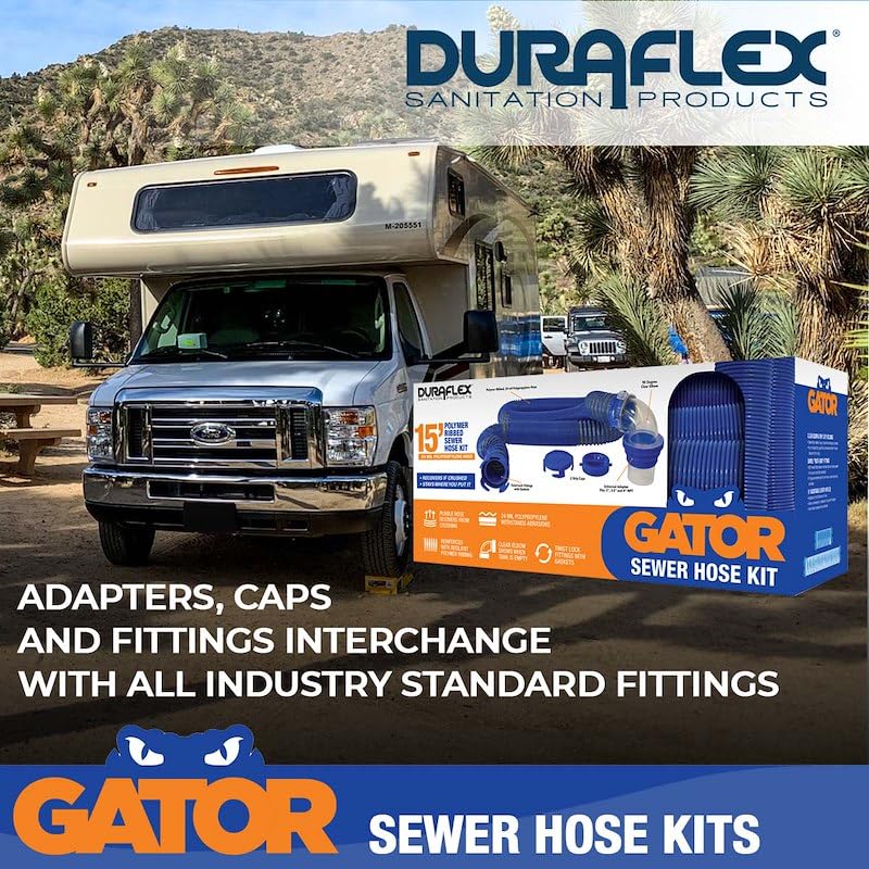 DURAFLEX 22005 Duraflex 22005 Gator 15 Foot Extended Sewer Hose Kit 3 Inch Diameter 24 Mil Polypropylene Polymer Ribbed Construction Charcoal Gray with Clear Elbow and Two Drip Caps