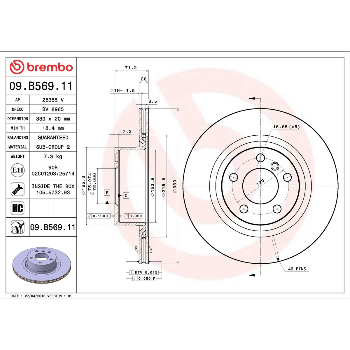 BREMBO 09B56911C02 Brembo 09.B569.11 UV Coated vented Rear Brake Rotor BMW/TOYOTA OE# 34206790362