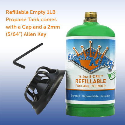 FLAME KING YSN164 Flame King 1LB EMPTY Propane Cylinder Tank – Refillable – Reusable – Safe and Legal Refill Option – DOT Compliant – 16.4 oz for Camping, Backpacking, and Hiking, Green