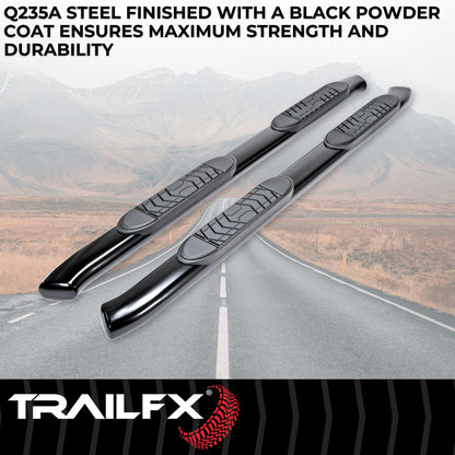 TRAILFX A7086B TrailFX A7086B 5 Inch Oval Bent Nerf Bar Side Steps with Step Pads Black Powder-Coated Steel Welded End Caps Rocker Panel Mount Slip-Resistant Set of 2 Fits Crew Cab Trucks