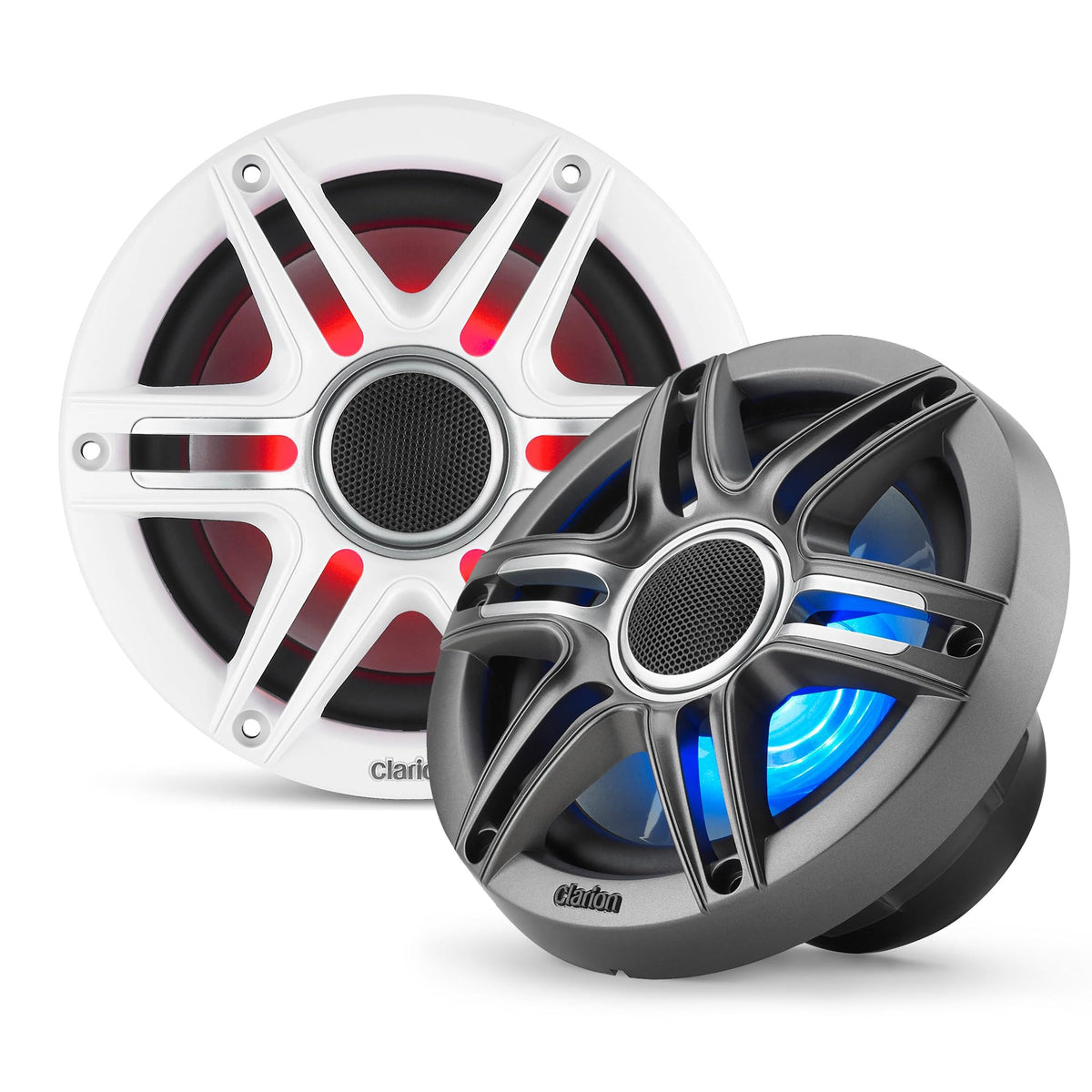 CLARION 010-03048-00 Clarion CMSP-651RGB-SWG Premium 6.5-inch Coaxial Marine Speakers with Built-in RGB Illumination, 50W RMS, with White & Gray Metallic Grilles