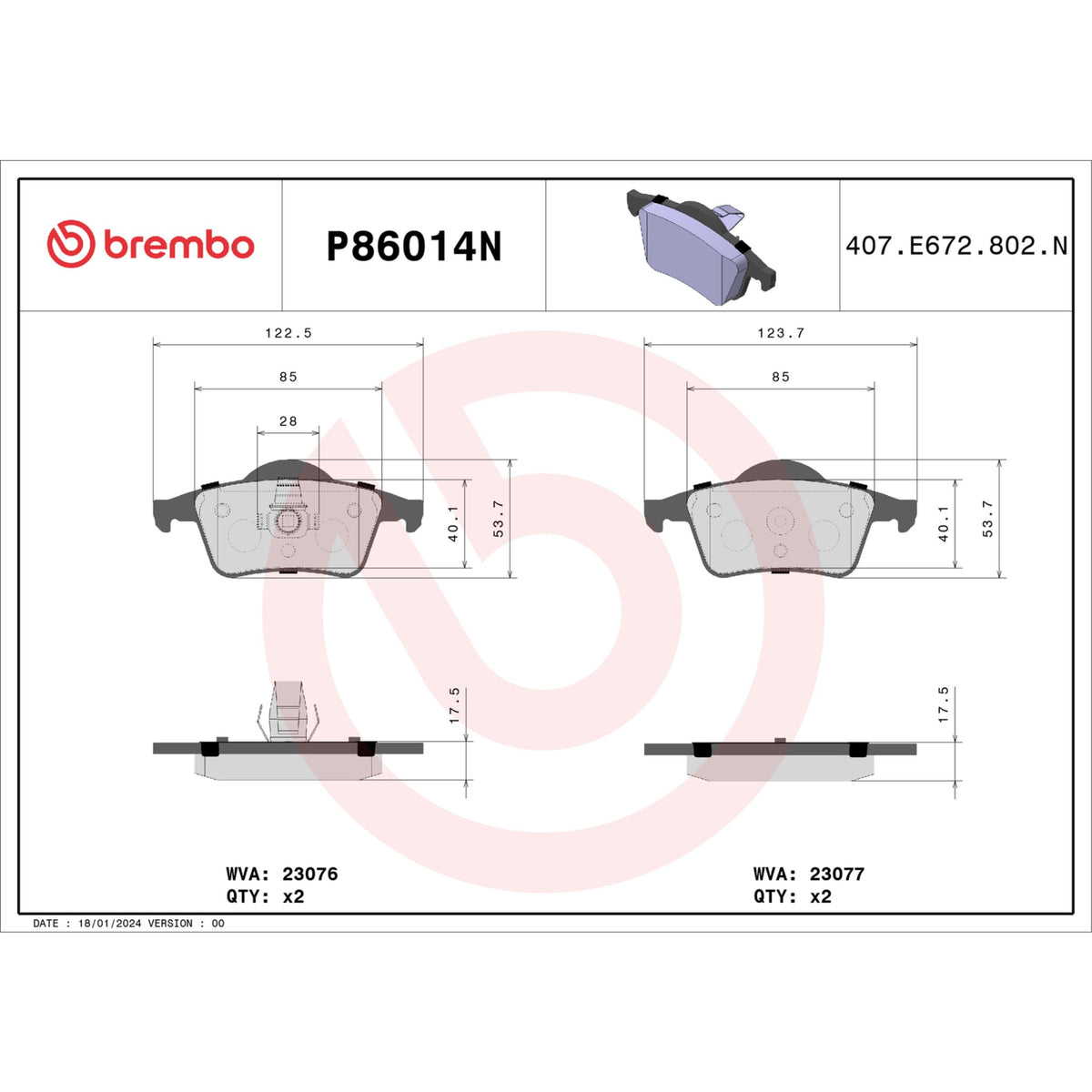 BREMBO P86014N Brembo P86014N Premium Ceramic Rear Disc Brake Pad Set VOLVO OE# 2723997