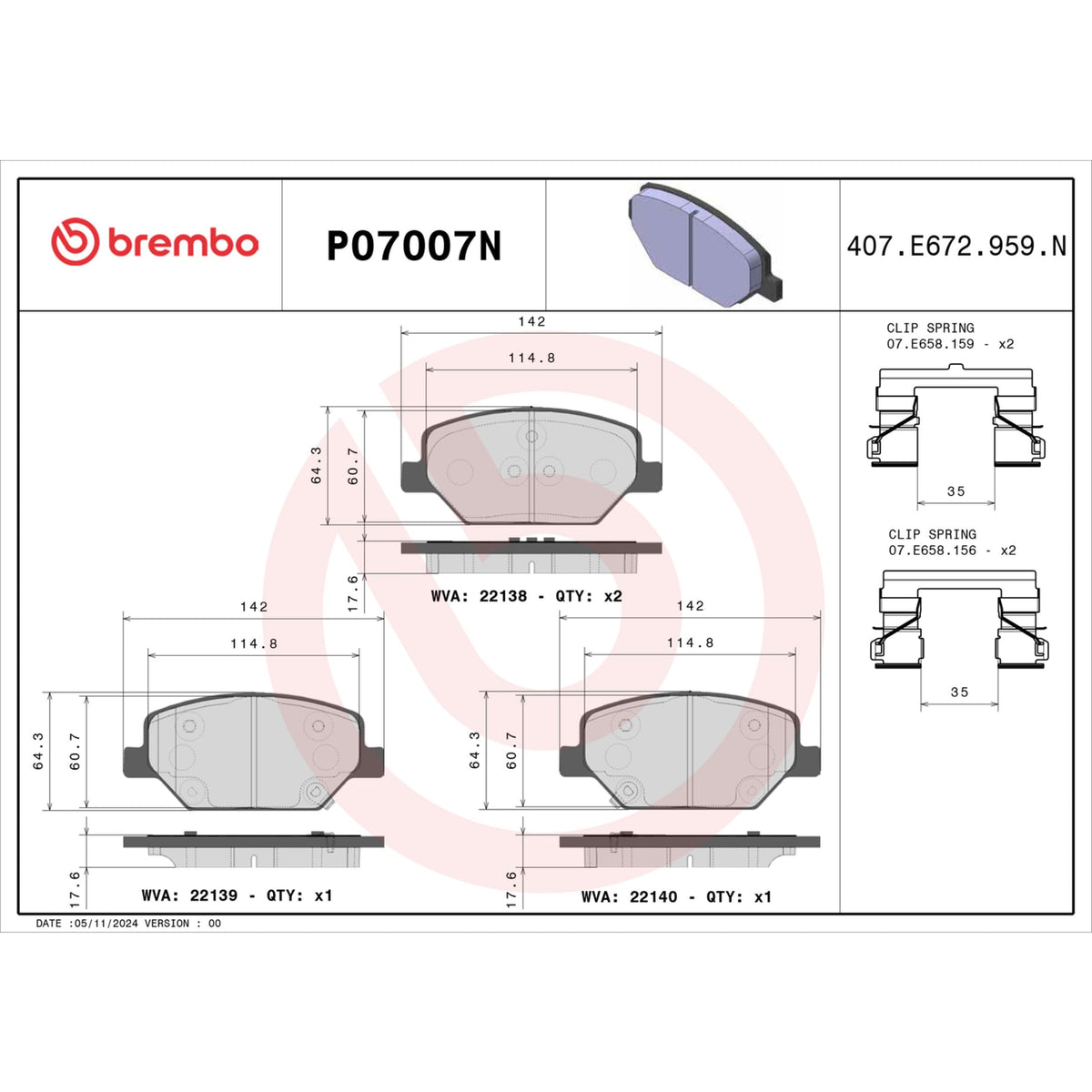 BREMBO P07007N Brembo P07007N Premium Ceramic Front Disc Brake Pad Set OPEL OE# 84120877