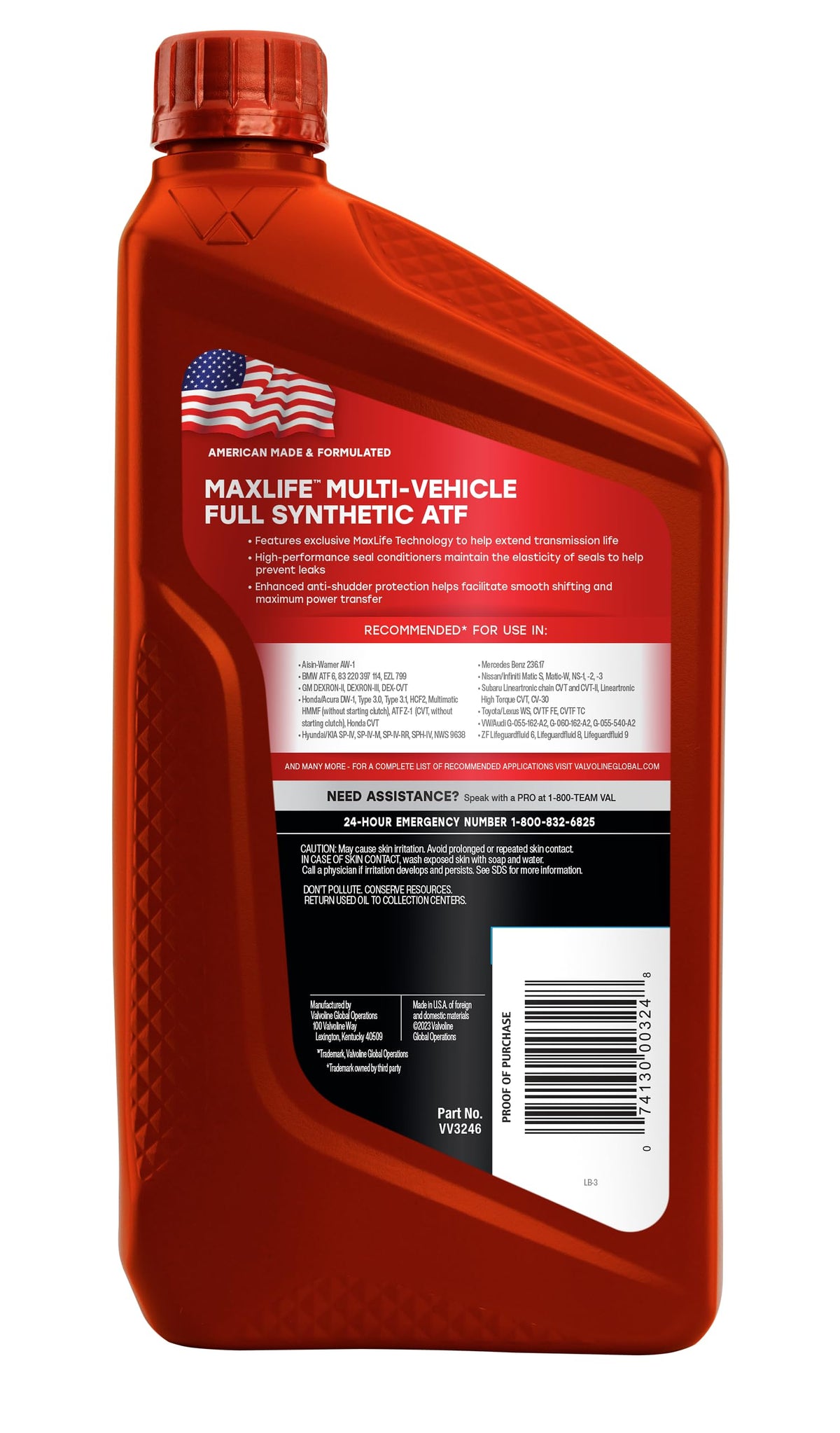 VALVOLINE VV3246 Valvoline Multi-Vehicle (ATF) Full Synthetic Automatic Transmission Fluid 1 QT, Case of 6