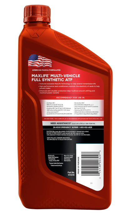 VALVOLINE VV3246 Valvoline Multi-Vehicle (ATF) Full Synthetic Automatic Transmission Fluid 1 QT, Case of 6