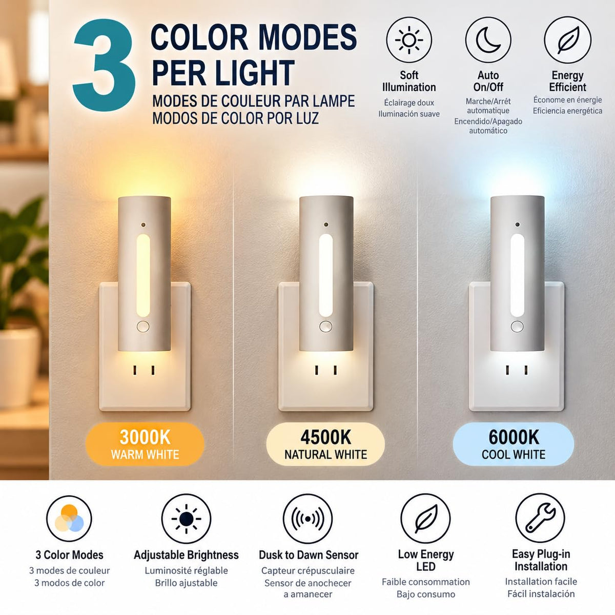 Infinity X1 Infinity X1 Power-Failure Motion-Activated Rechargeable Night Light with USB-C Output, 3-Pack