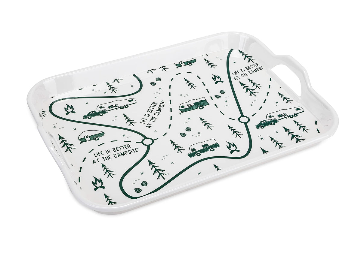 CAMCO 53488 Camco Life is Better at The Campsite Melamine RV Serving Tray - Features RV & Map Themed Design - Great for Kitchen Prep, Picnics, Grilling, and More - Serving Platter is Dishwasher Safe (53488)