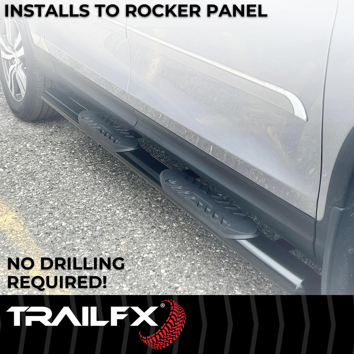 TRAILFX A1559T TrailFX Nerf Bar Fits 2024-2025 Toyota Tacoma Double Cab 4 Inch Oval Straight with Step Pads Rocker Panel Mount Powder Coated Titanium Matte Black Steel with Welded End Caps TrailFX T83A1559T