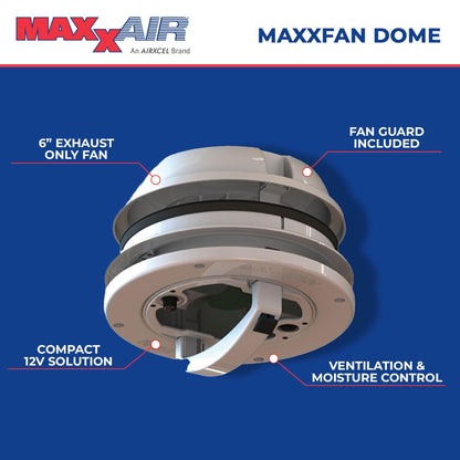 MAXXAIR VENT 00-03812W MAXXAIR Maxxfan Dome 6" Round 12V Ventilation Fan - Compact Solution for Rooftop or Sidewall Ventilation, Exhaust Only, Removable Screens, Fan Guard Rain Shield, Moisture Control, White (00-03812W)