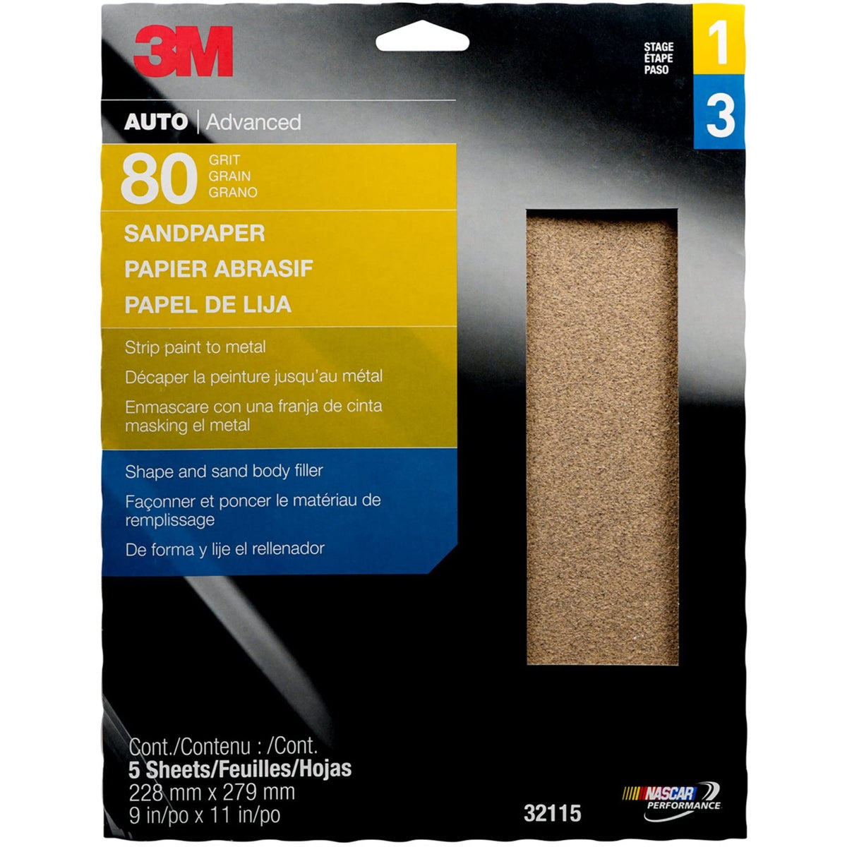 3M 32115 3M Sandpaper, 32115, 80 Grit, 9 in x 11 in, 5 Sheets Per Pack